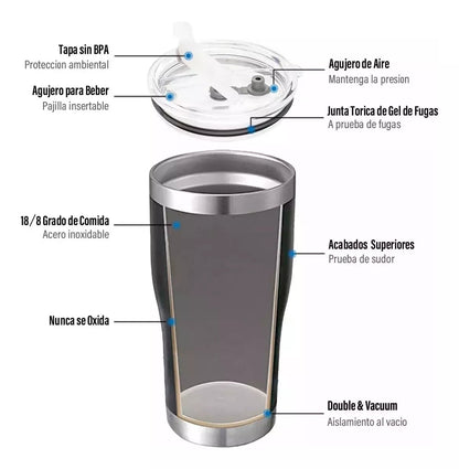 Vaso Térmico De Acero Inoxidable Con Tapa + Pajita de Acero Inoxidable - Cafekhaley